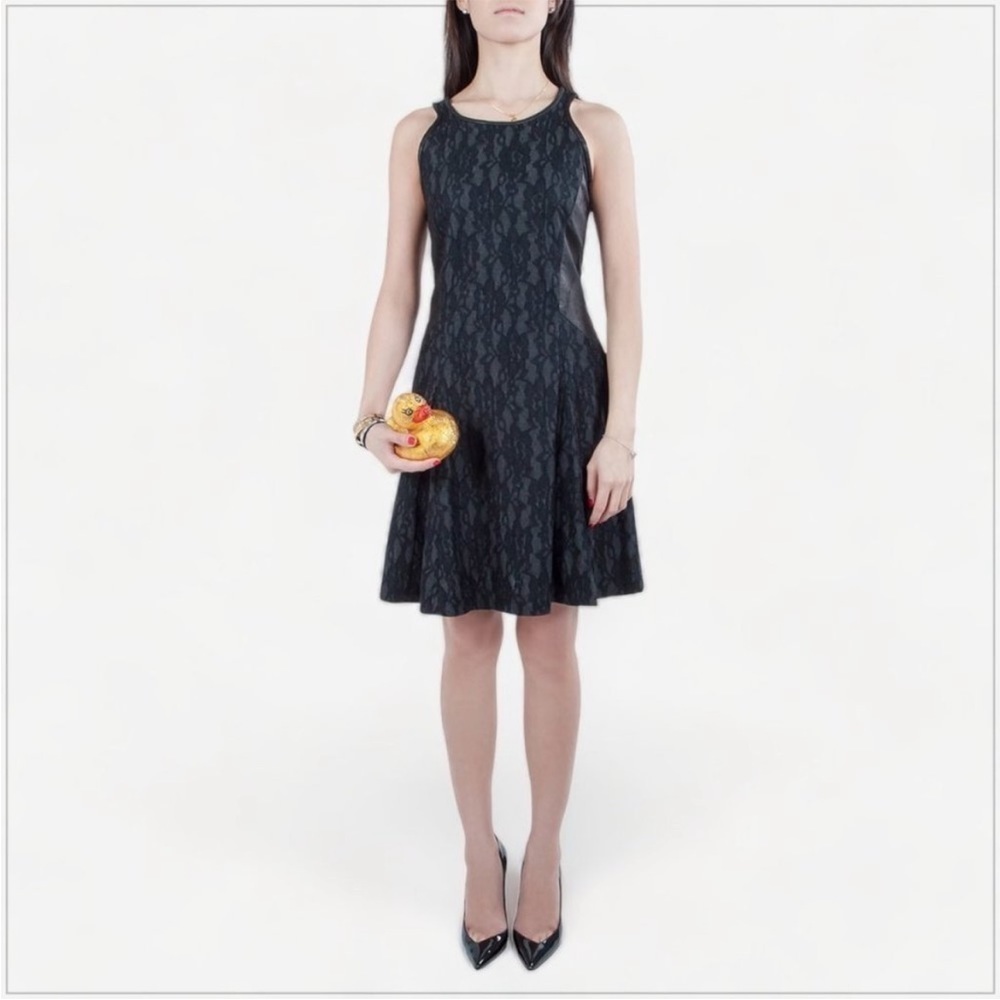Sea NY Barneys Black Lace Distressed Leather Panel Fit & Flare Dress size 10